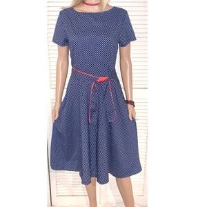 Blue Enchantress 50s style Polka Dot Blue, White and Red Midi Dress with belt L